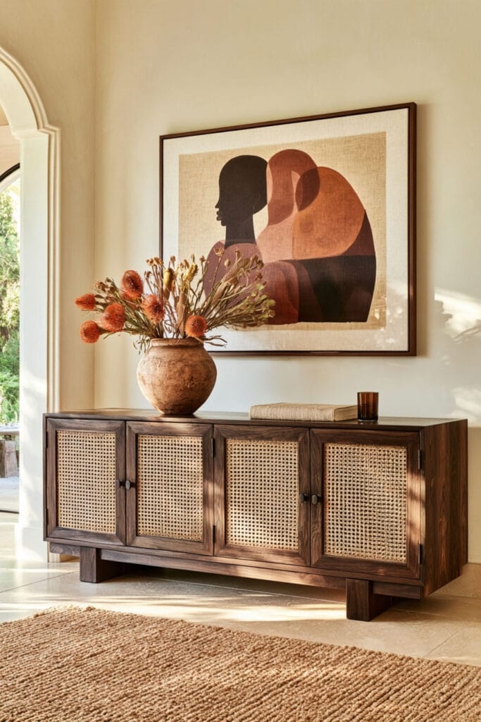 Afrohemian entryway with dark wood and woven cane credenza, earth-toned figurative art, rustic pottery vase, and natural fiber rug.