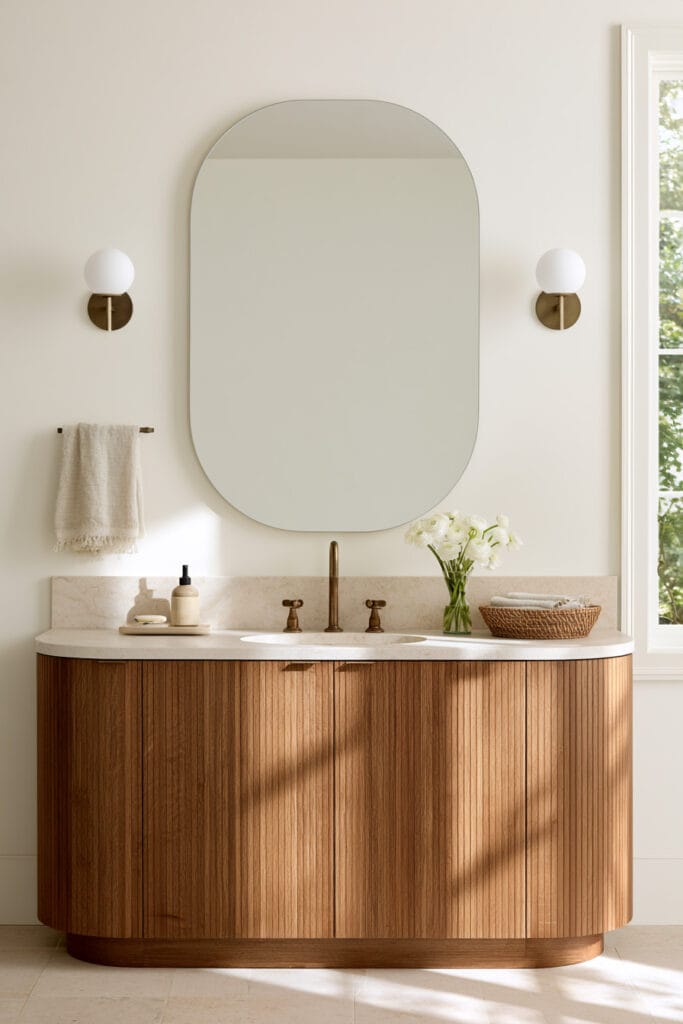 Warm bathroom with rounded mirror, curved fluted wood vanity, globe sconces, cream stone countertop, and natural decor.