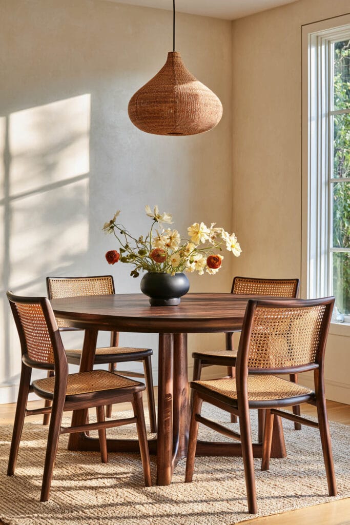 Afrohemian dining room with dark wood round table, woven cane chairs, rattan pendant light, natural fiber rug, and black pottery vase.