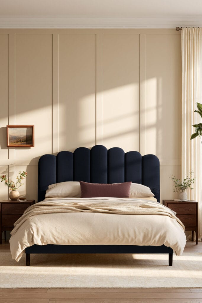 Bedroom with navy scalloped upholstered headboard, cream bedding, warm wood nightstands, wall molding, and soft neutral decor.