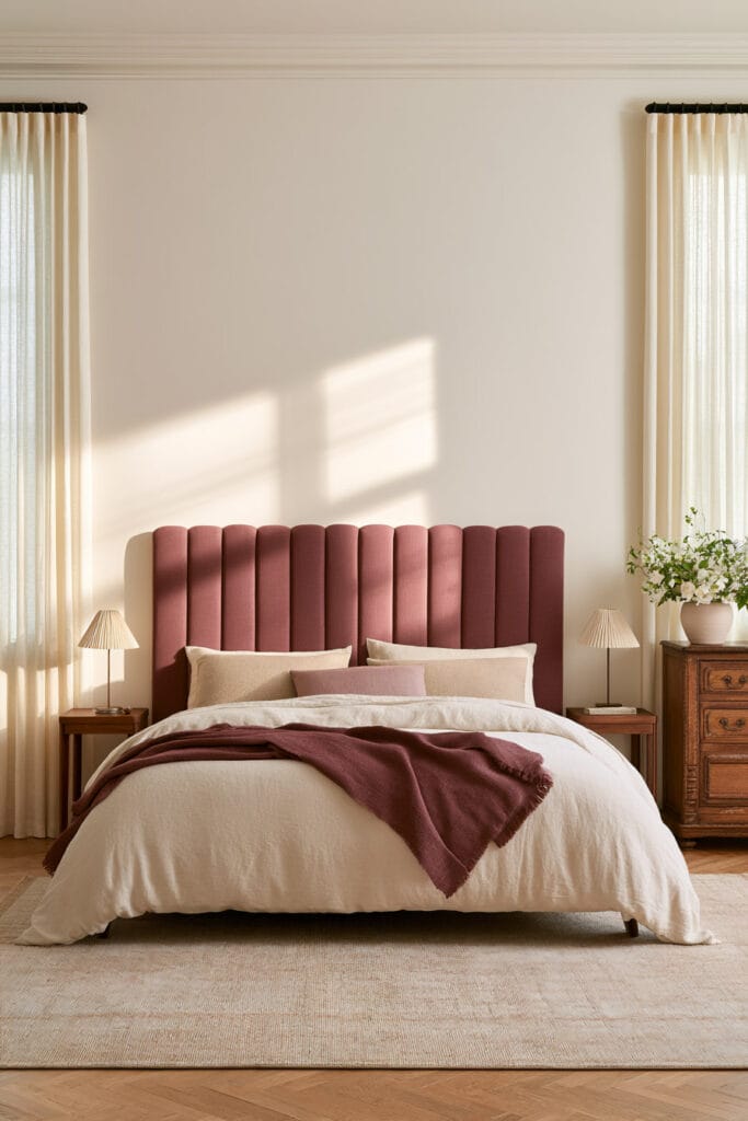 Bedroom with dusty rose curved channel headboard, cream bedding, plum throw, warm wood furniture, and floor-to-ceiling curtains.