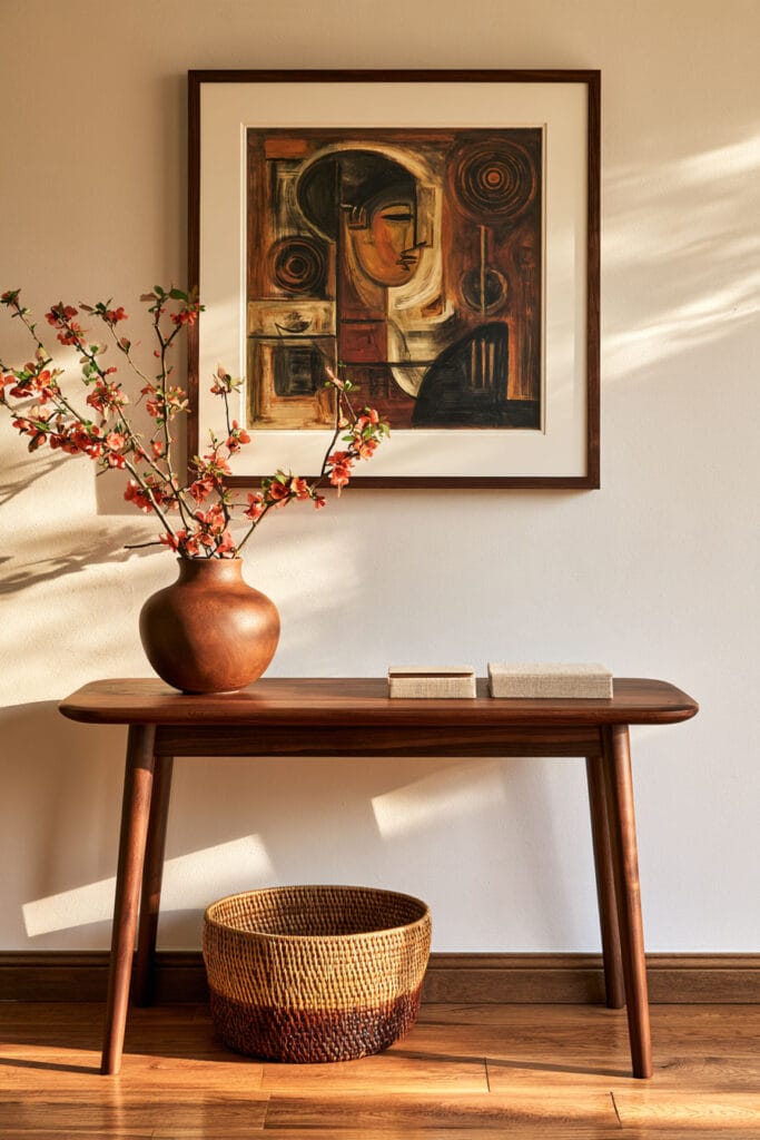 Afrohemian entryway with earth-toned figurative artwork, warm wood console, terracotta vase with flowering branches, and handwoven basket.
