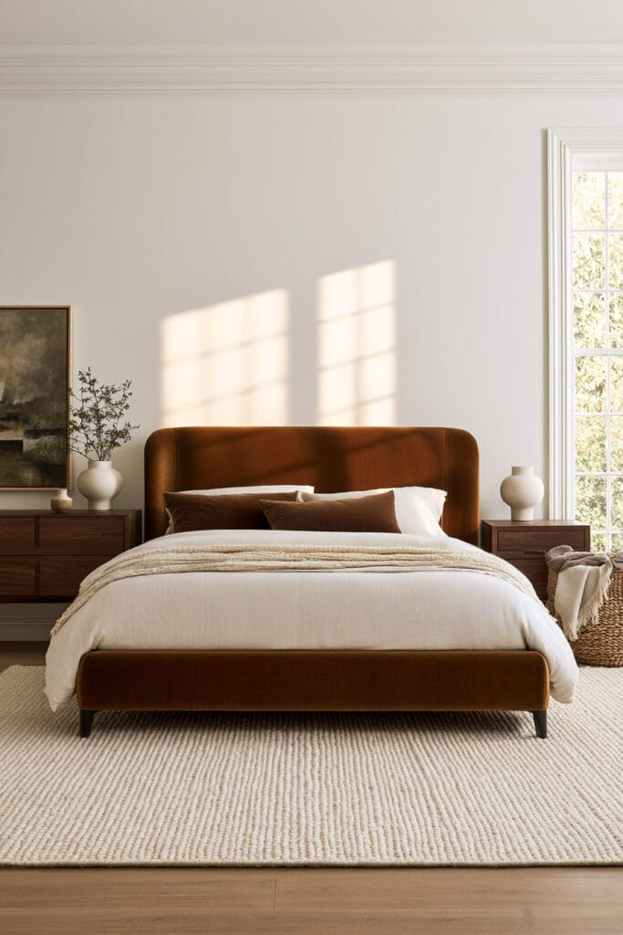 Neutral bedroom with curved cognac velvet headboard, cream bedding, dark wood nightstands, textured rug, and warm natural decor.