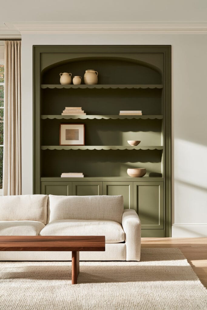 Olive green built-in bookcase with scalloped shelf edges, arched top, cream pottery, books, and warm neutral living room decor.