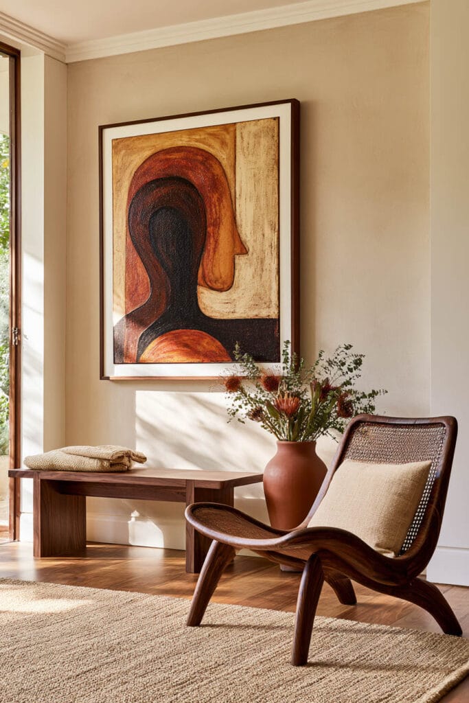 Afrohemian sitting area with large earth-toned figurative artwork, sculptural wood and woven chair, terracotta vase, wood bench, and natural rug.