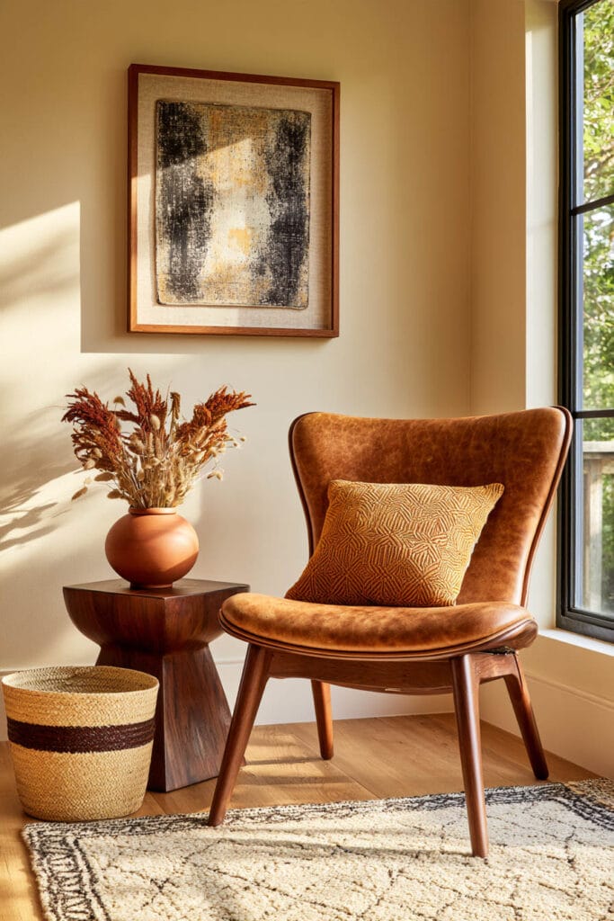 Afrohemian reading corner with cognac leather chair, rust pillow, dark wood side table, terracotta vase, woven basket, and textured rug.