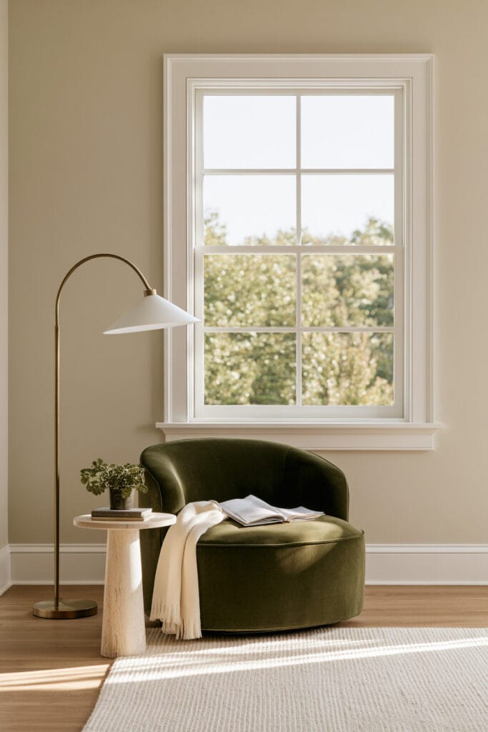 Cozy reading nook with curved olive green chair, round stone side table, arched floor lamp, and warm natural light.