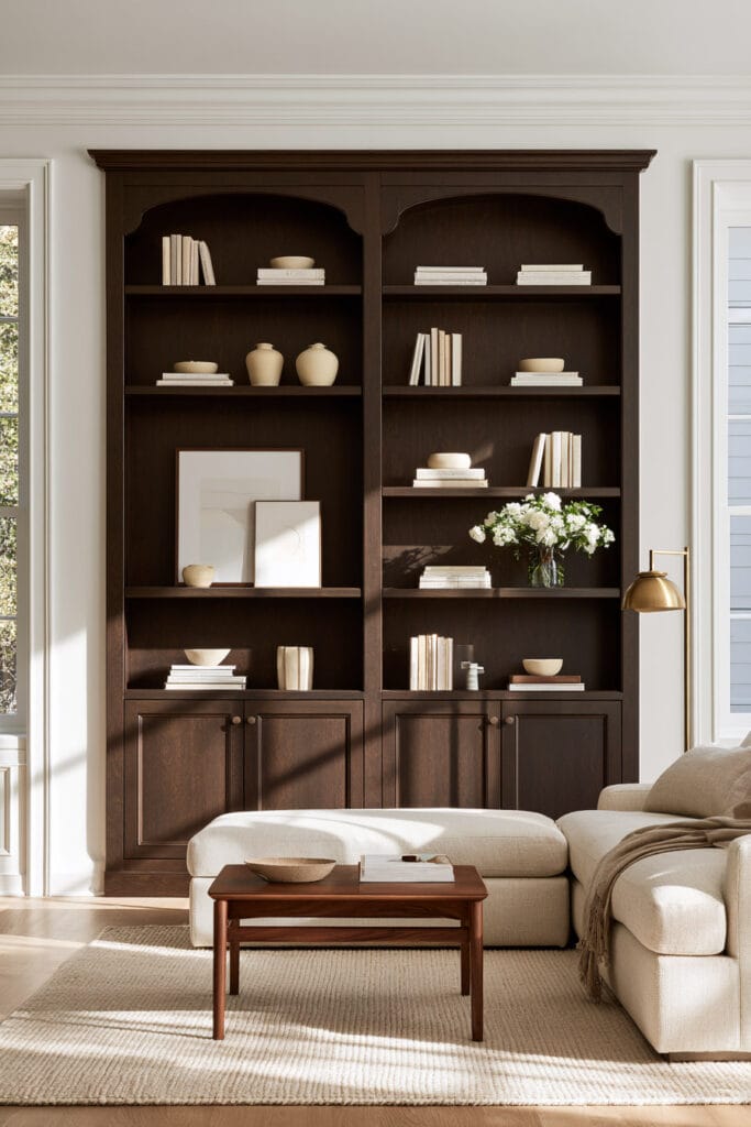 Dark wood built-in bookcases with curved decorative trim, cream sectional sofa, neutral pottery, books, and warm brass lighting.