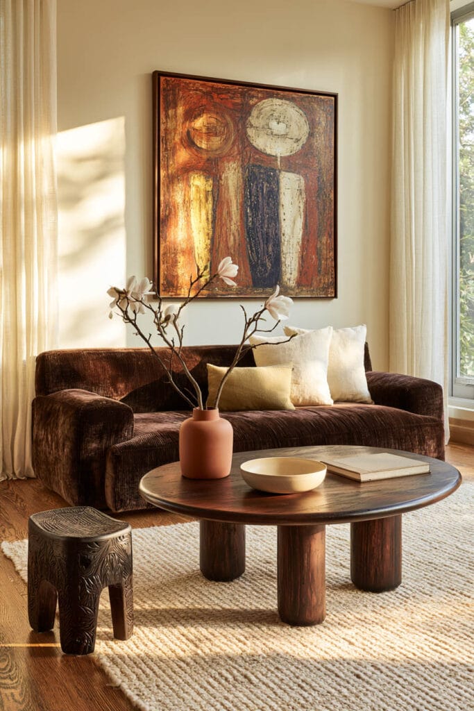 Warm Afrohemian living room with chocolate brown sofa, earth-toned artwork, sculptural dark wood coffee table, carved stool, terracotta vase, and textured rug.