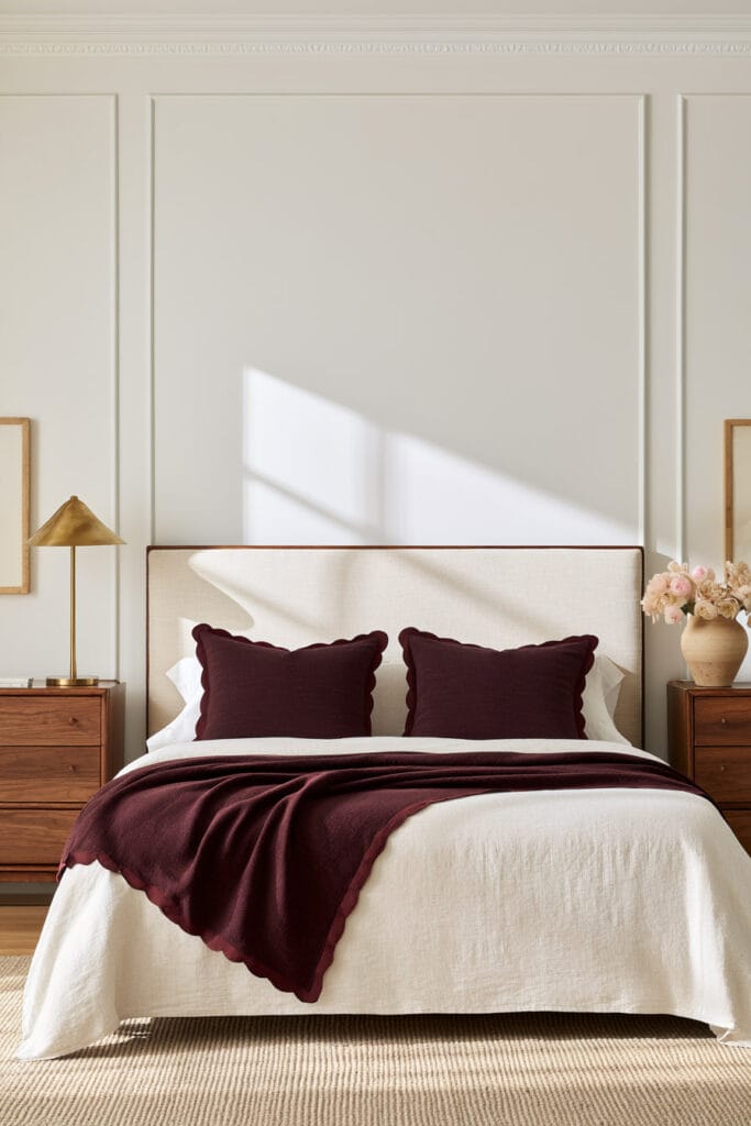 Neutral bedroom with deep plum scalloped pillows and throw, cream linen bedding, warm wood nightstands, and brass lighting.