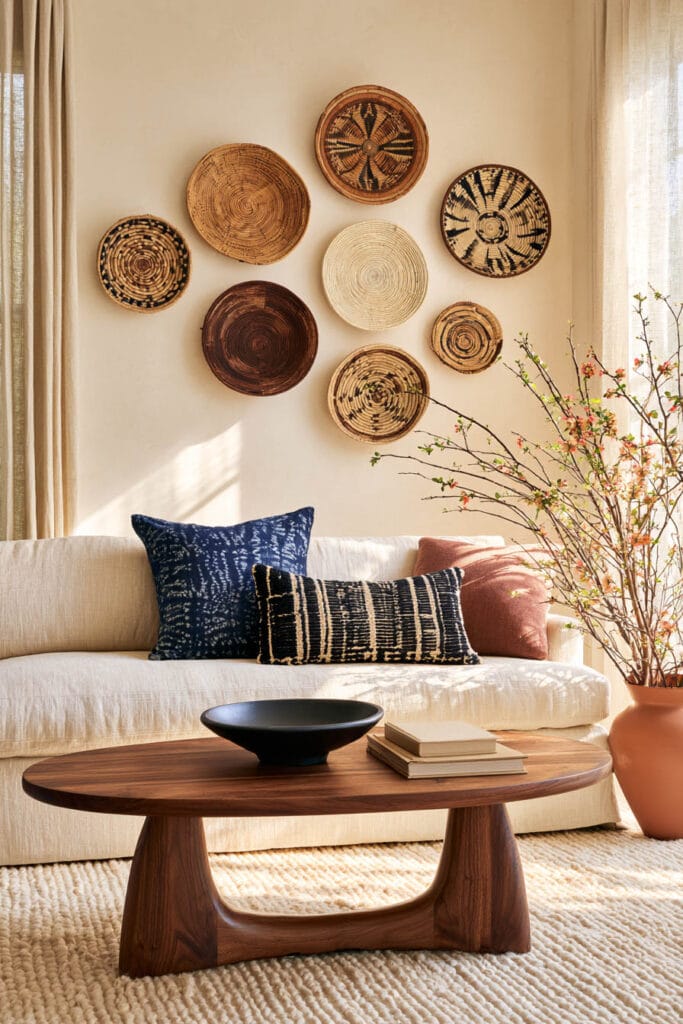 Warm Afrohemian living room with cream sofa, indigo and patterned pillows, woven basket gallery wall, sculptural wood coffee table, and terracotta vase.