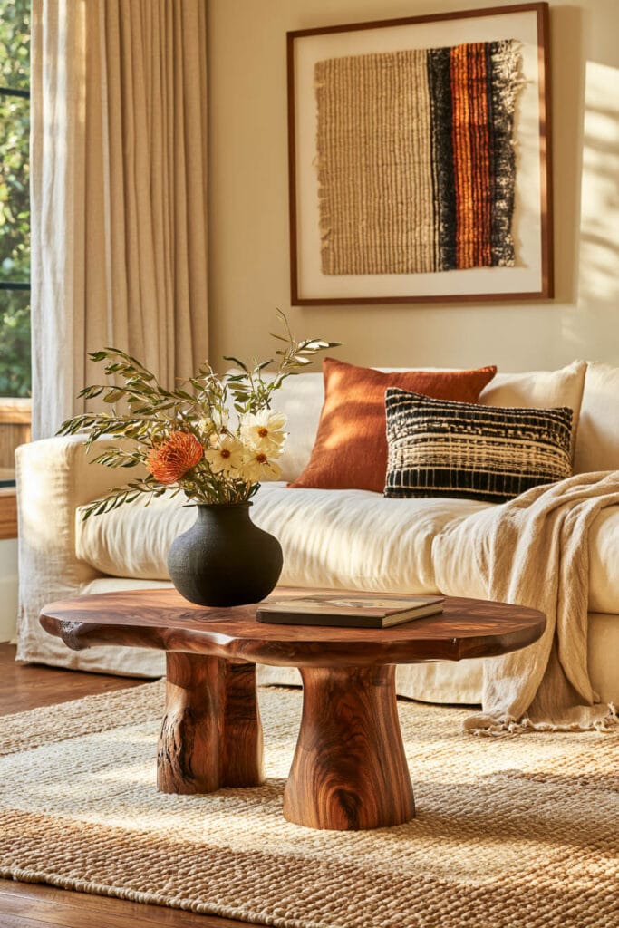 Warm Afrohemian living room with cream sofa, rust and woven pillows, framed textile art, sculptural wood coffee table, black pottery vase, and natural rug.