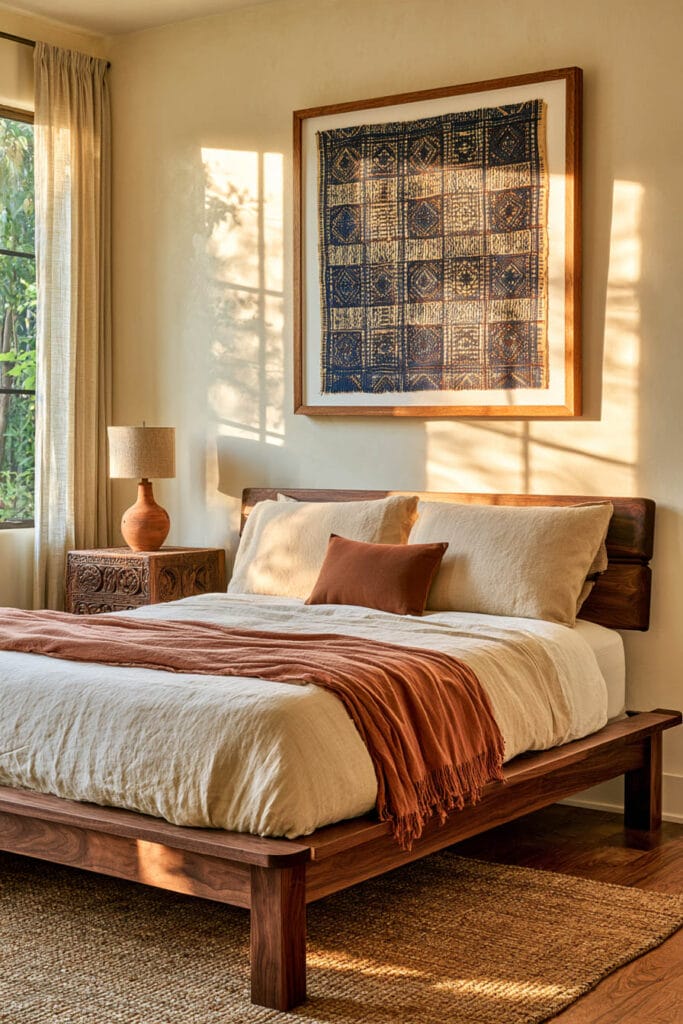Calm Afrohemian bedroom with dark wood platform bed, cream linen bedding, rust throw, framed indigo textile art, carved nightstand, and woven rug.