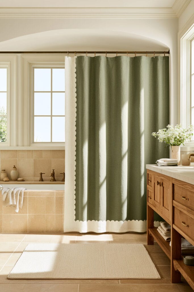 Warm bathroom with olive green shower curtain, cream scalloped trim, natural wood vanity, beige tile, and brass fixtures.