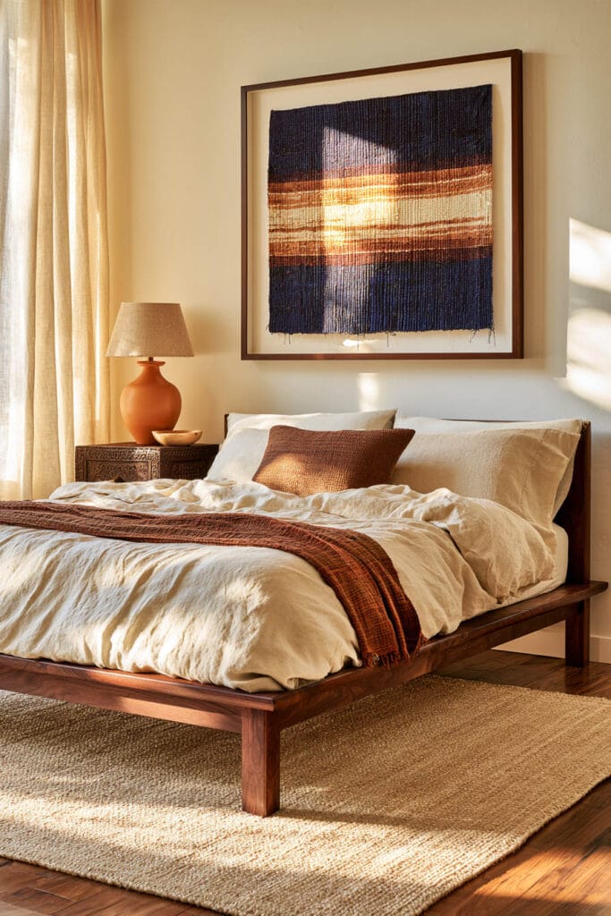 Calm Afrohemian bedroom with dark wood platform bed, cream linen bedding, rust throw, framed indigo textile art, terracotta lamp, and woven rug.