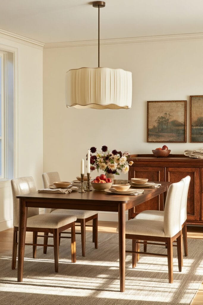 Warm dining room with sculptural scalloped fabric pendant light, wood dining table, cream chairs, vintage artwork, and natural decor.