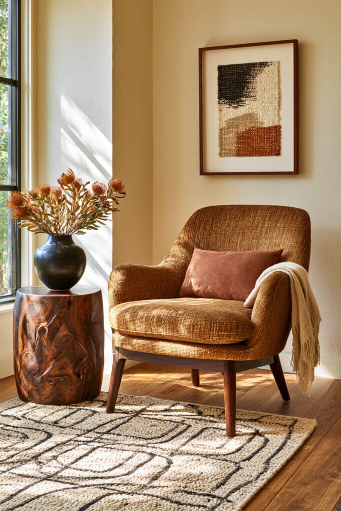 Afrohemian reading nook with ochre armchair, rust pillow, sculptural wood side table, black pottery vase, framed textile art, and patterned rug.