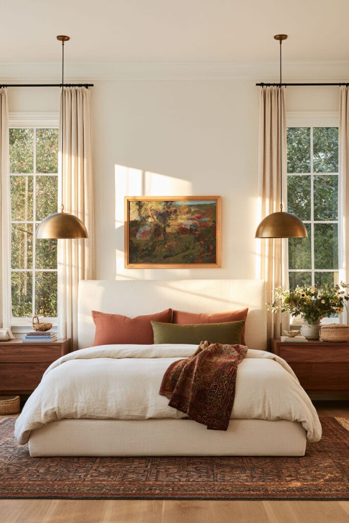 Warm bedroom with rounded brass pendant lights, cream upholstered bed, rust and olive pillows, wood nightstands, and vintage-style rug.