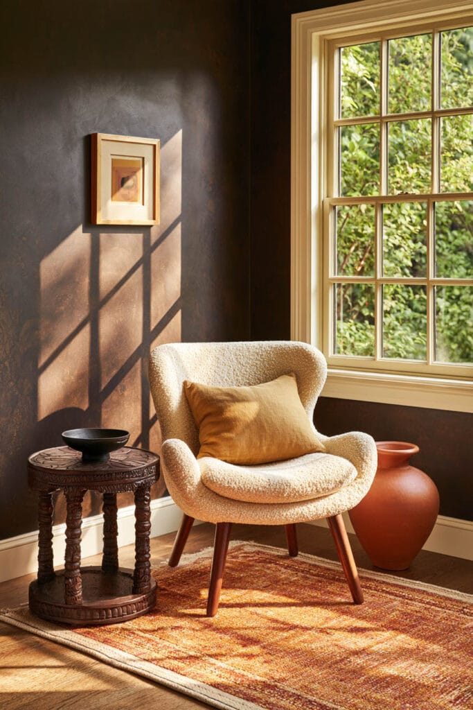 Afrohemian reading nook with cream textured chair, carved dark wood side table, terracotta floor vase, ochre pillow, and rust patterned rug.