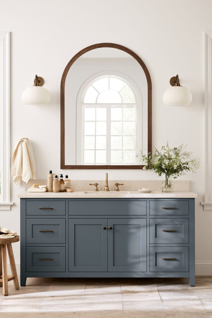 Bathroom with rounded globe sconces, arched wood mirror, blue-gray vanity, brass fixtures, cream stone countertop, and fresh greenery.