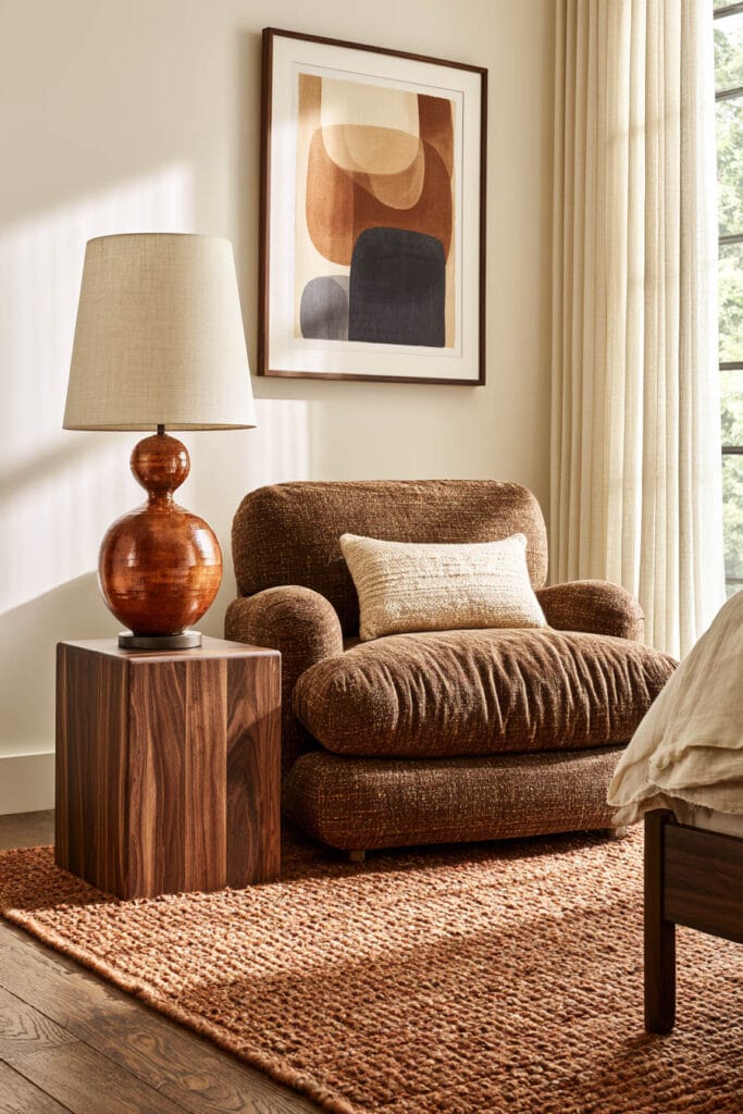 Afrohemian reading nook with plush brown chair, sculptural wood side table, terracotta lamp, earth-toned artwork, rust woven rug, and linen curtains.
