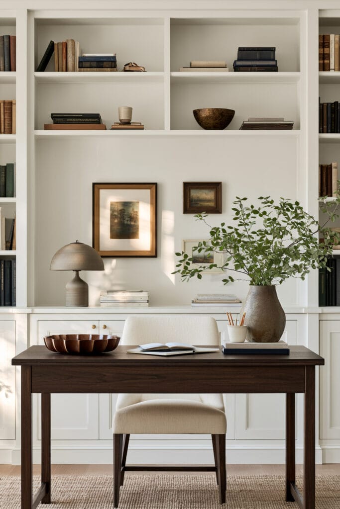 Warm home office with rounded table lamp, curved ceramic vase, sculptural bowl, cream chair, dark wood desk, and white built-ins.