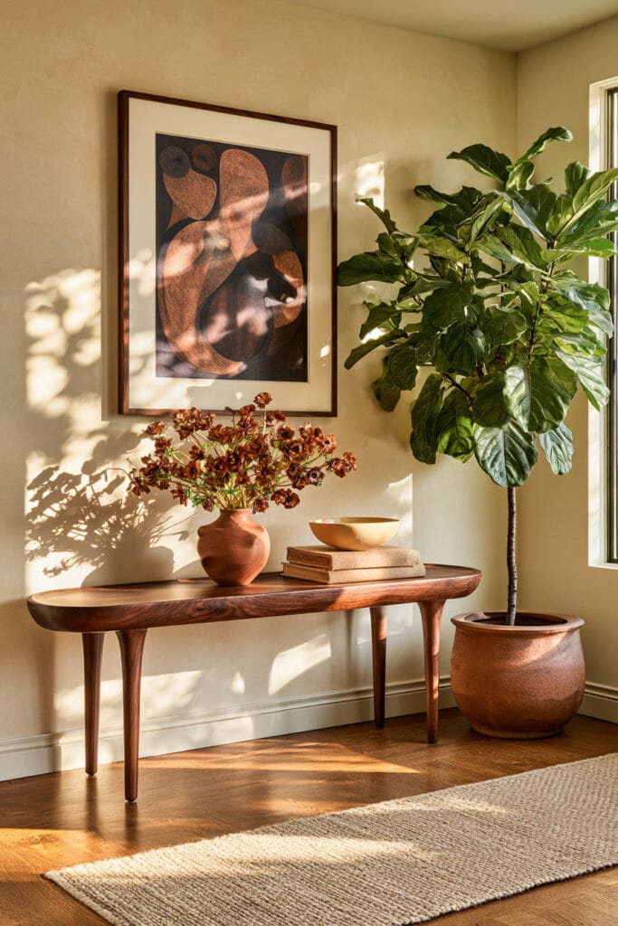 Afrohemian entryway with fiddle-leaf fig, terracotta planter, sculptural wood console, earthy artwork, pottery vase, and natural woven rug.