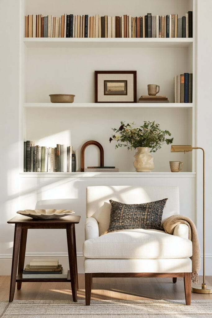 Cozy reading nook with arched decor, sculptural ceramic vase, curved bowl, rounded cream armchair, brass floor lamp, and white built-ins.