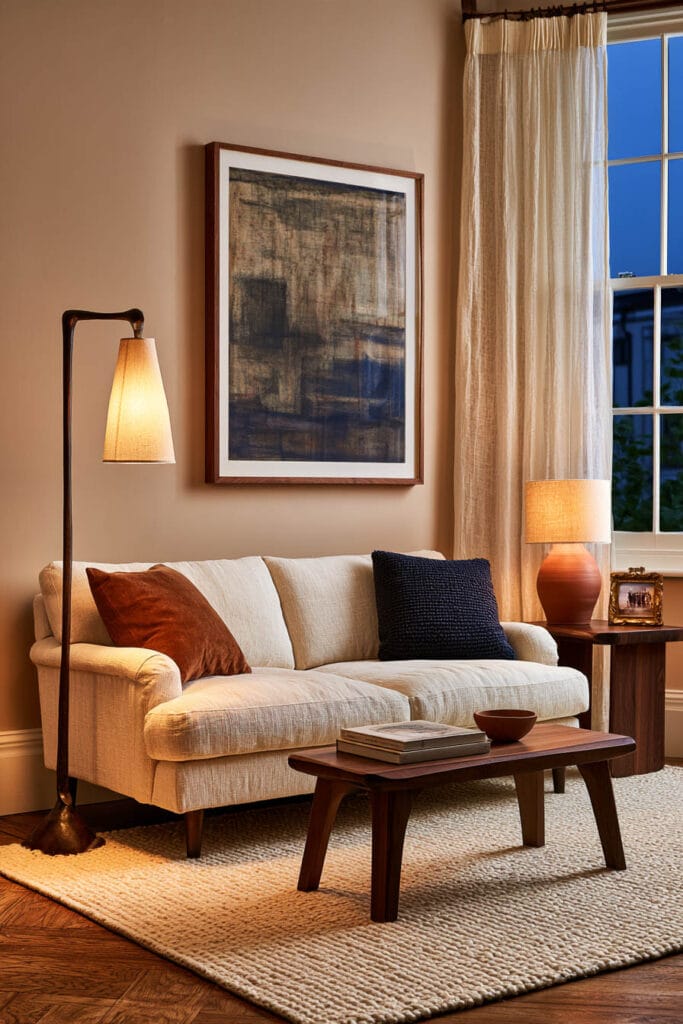 Cozy Afrohemian living room with warm floor and table lamps, cream sofa, rust and indigo pillows, dark wood furniture, abstract art, and woven rug.