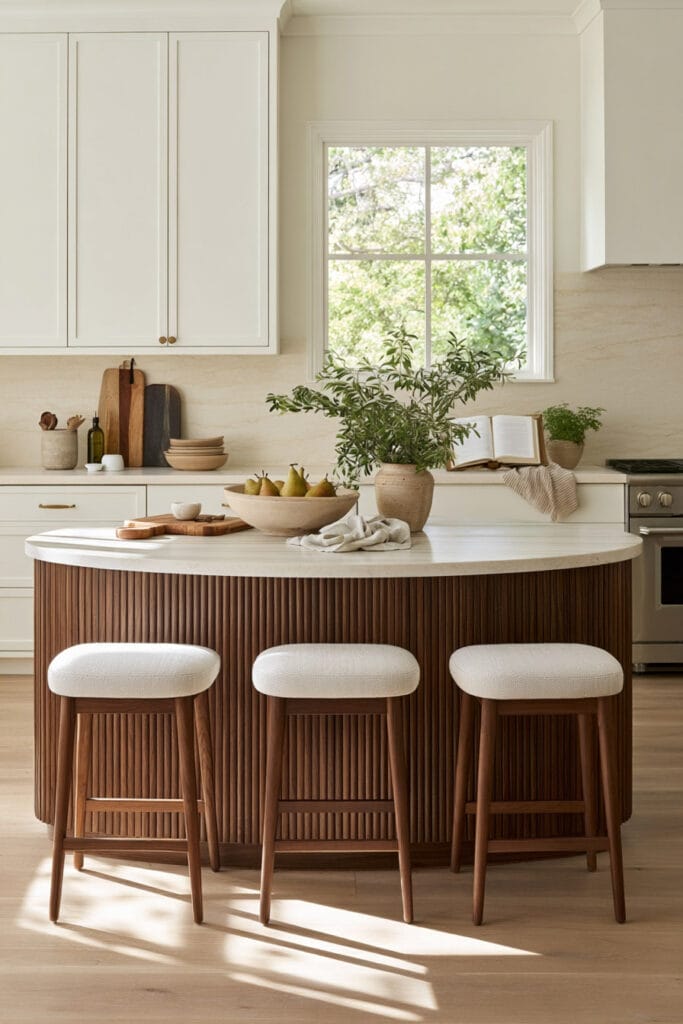 Curved fluted wood kitchen island with rounded stone countertop, cream upholstered stools, white cabinetry, and natural greenery.
