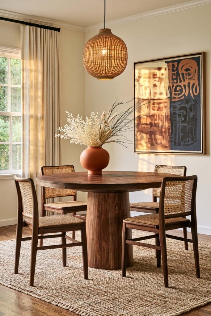 Afrohemian dining room with dark wood round table, woven cane chairs, rattan pendant light, terracotta vase, neutral rug, and earthy wall art.