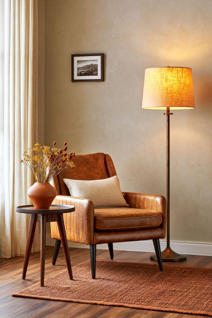 Afrohemian reading corner with cognac leather chair, warm floor lamp, dark wood side table, terracotta vase, rust rug, and framed photograph.