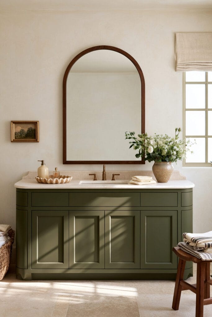 Warm bathroom with curved olive green vanity, arched wood mirror, cream stone countertop, aged brass fixtures, and natural decor.