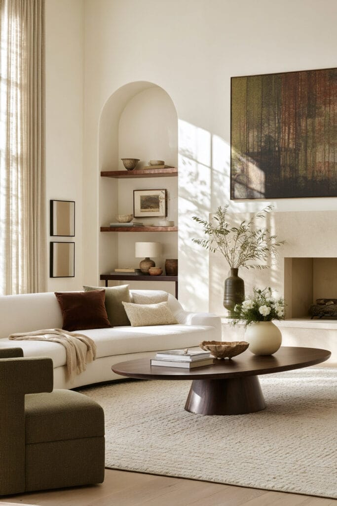 Warm neutral living room with oval wood coffee table, arched wall niche, cream sofa, structured seating, and natural textures.