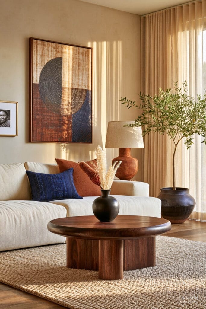 Collected Afrohemian living room with cream sofa, indigo and rust pillows, sculptural wood coffee table, earthy artwork, pottery, and indoor tree.