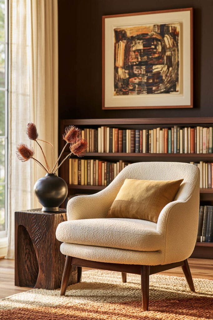 Collected Afrohemian reading corner with cream chair, carved wood table, black pottery vase, bookshelves, earthy artwork, and warm patterned rug.
