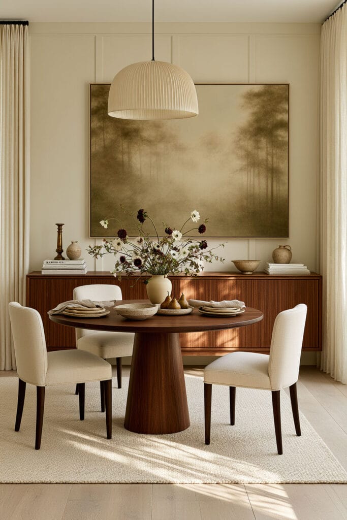 Warm dining room with round wood pedestal table, curved pendant light, cream chairs, wood sideboard, and straight wall molding.