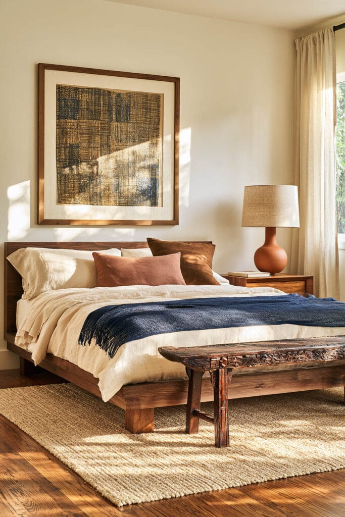 Collected Afrohemian bedroom with dark wood bed, cream linen bedding, indigo throw, carved wood bench, terracotta lamp, artwork, and woven rug.