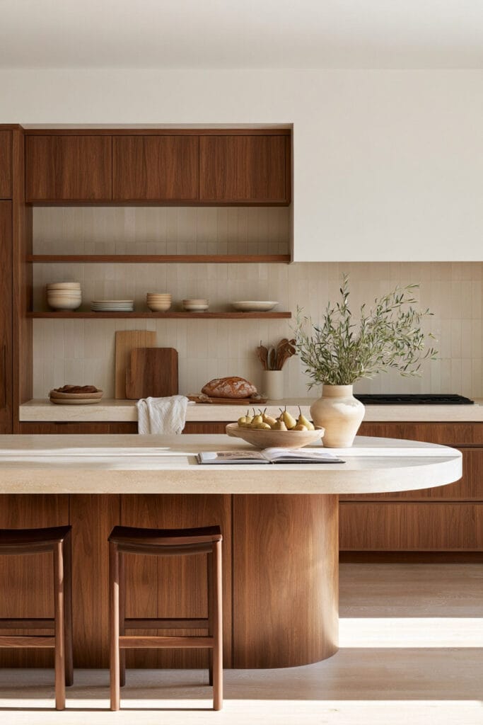 Warm wood kitchen with curved island, rounded stone countertop, straight-lined walnut cabinetry, neutral tile, and natural greenery.