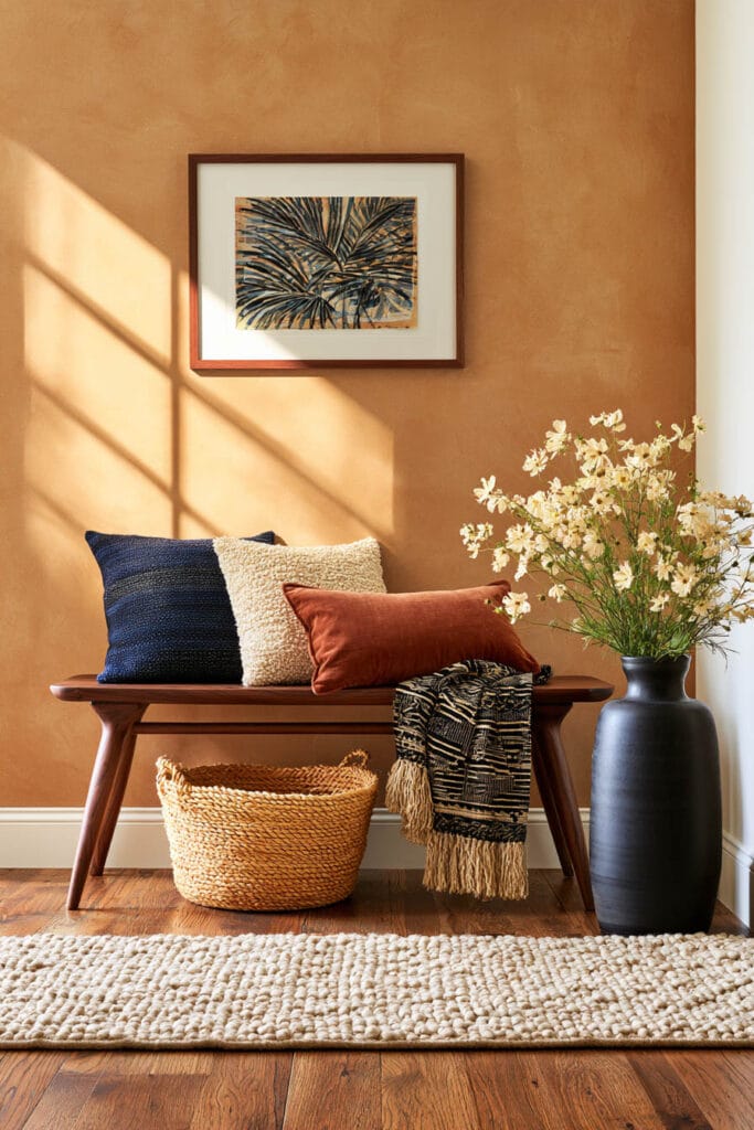 Afrohemian entryway with wood bench, indigo and rust pillows, patterned textile throw, woven basket, black vase, and terracotta wall.