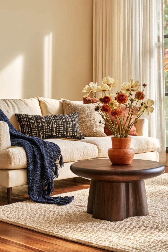 Afrohemian living room with cream sofa, indigo throw, woven patterned pillows, dark wood coffee table, terracotta vase, and textured rug.