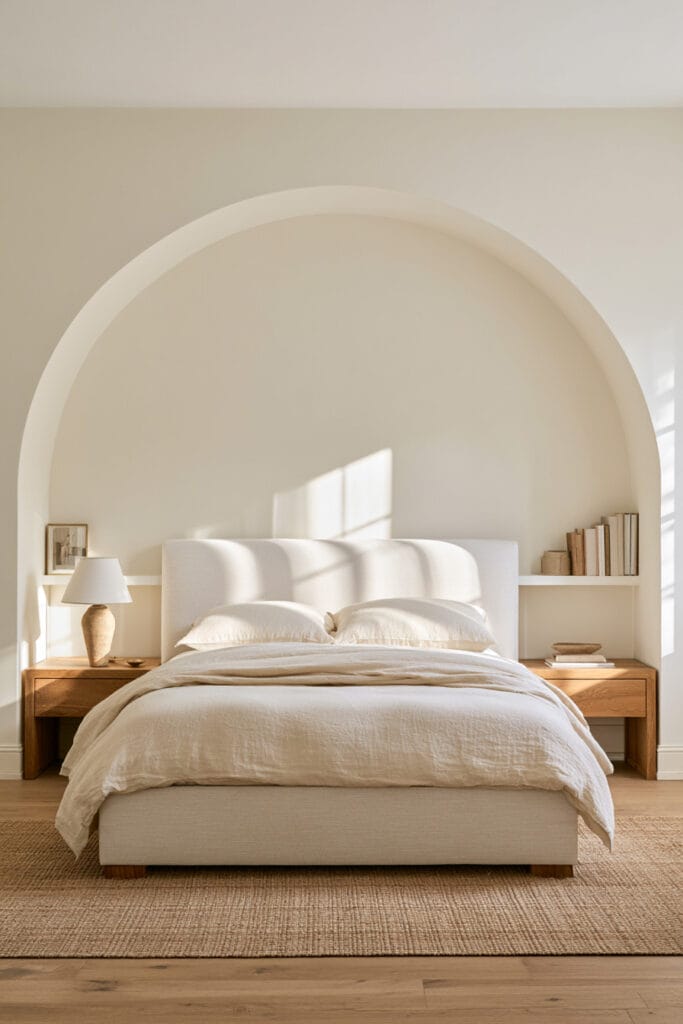 Neutral bedroom with large arched wall niche framing a cream upholstered bed, warm wood nightstands, and natural textured decor.