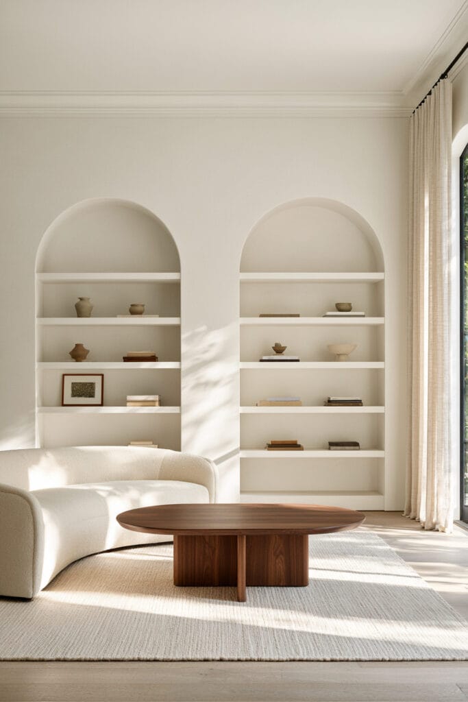 Neutral living room with arched built-in shelves, curved cream sofa, rounded wood coffee table, and warm natural textures.