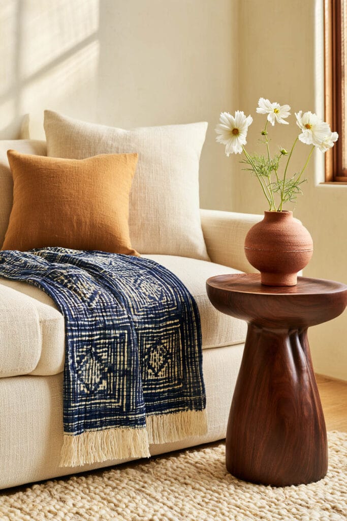 Afrohemian living room with indigo Adire-style textile, cream sofa, ochre pillows, sculptural wood table, terracotta vase, and woven rug.