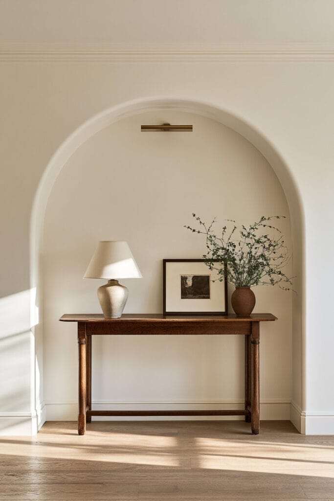 Arched wall niche with wood console table, ceramic lamp, framed artwork, pottery, and greenery in a warm neutral interior.