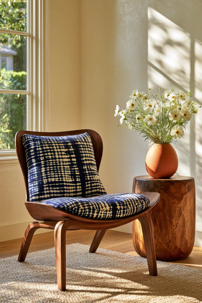 Afrohemian reading corner with indigo Adire-style upholstered chair, sculptural wood side table, terracotta vase, white flowers, and neutral rug.