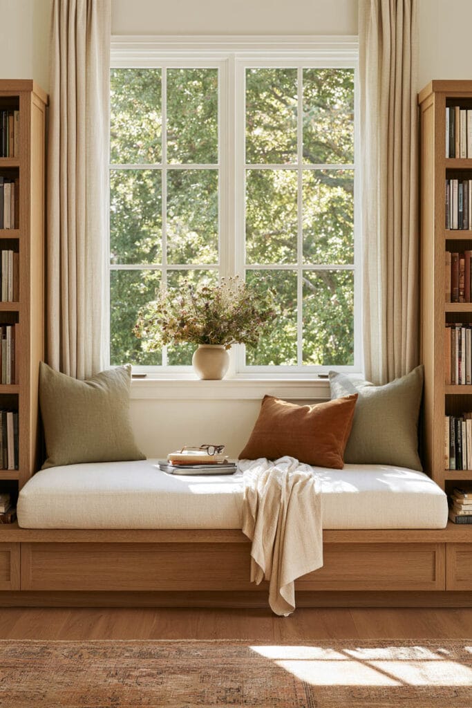 Cozy window reading nook with a built-in wooden bench, cream cushions, sage green and rust pillows, bookshelves, linen curtains, and natural sunlight.