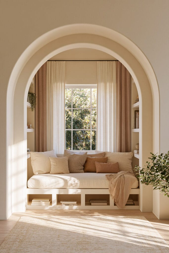 Cozy arched alcove reading nook with a built-in window seat, cream cushions, dusty rose pillows, floor-to-ceiling curtains, book storage, and warm natural sunlight.