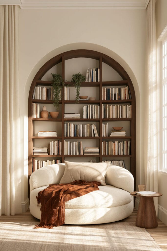 Cozy reading nook with an arched dark wood built-in bookshelf, oversized cream boucle chair, rust knit throw, wooden side table, ivory curtains, and natural sunlight.