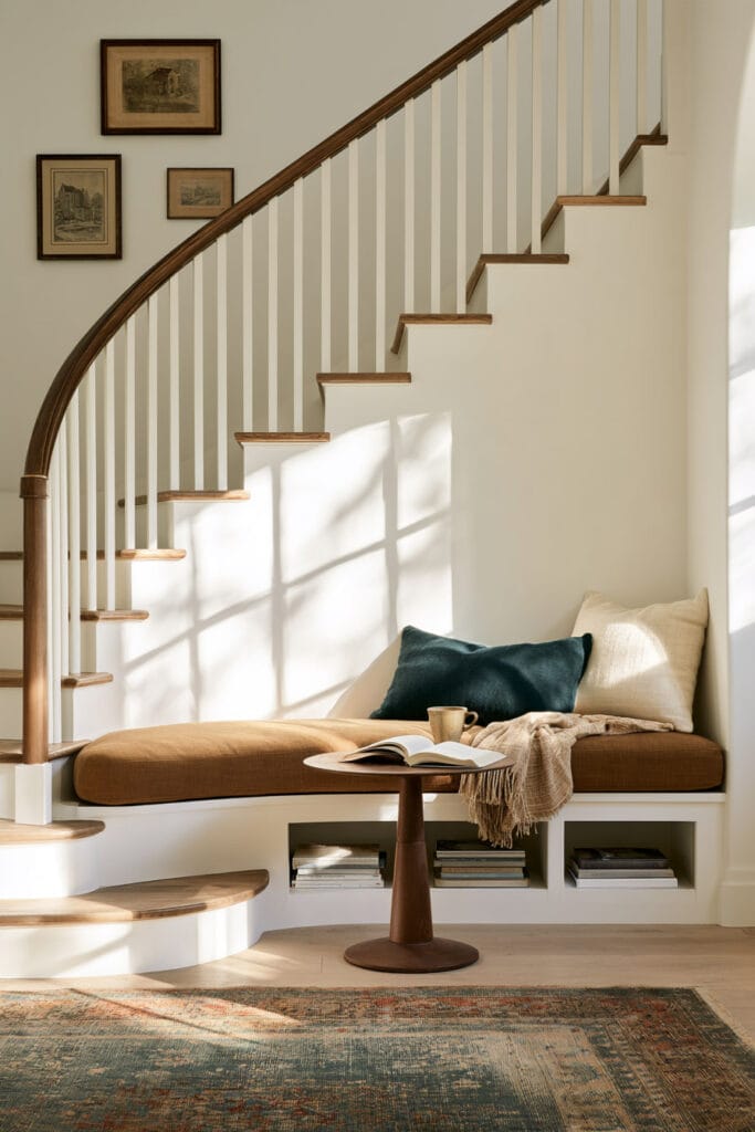 Cozy under-stairs reading nook with a built-in bench, camel cushion, teal and cream pillows, book storage cubbies, wooden side table, and vintage rug.